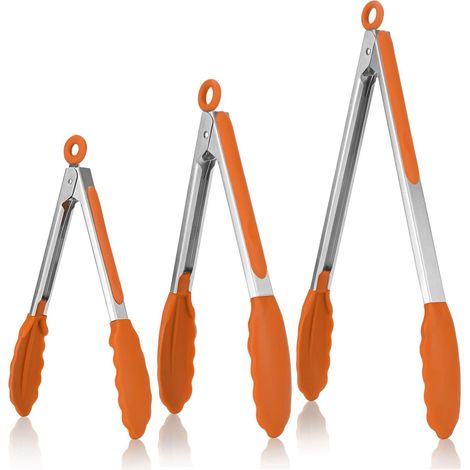 Pince Cuisine Lot de 3 Pinces Barbecue en 18/8 Acier Inoxydable Ustensiles Cuisine avec Poignée Silicone Résistante à La Chaleur 250℃ Pince Buffet Anti-adhé, sans BPA (Orange) (1/5)