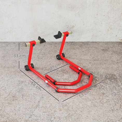 Béquilles avant et arrière pour moto avec une capacité de charge de 390 kg, fourches en forme de U et de L, roues et plaquettes de frein antidérapantes, rouges. (1/5)