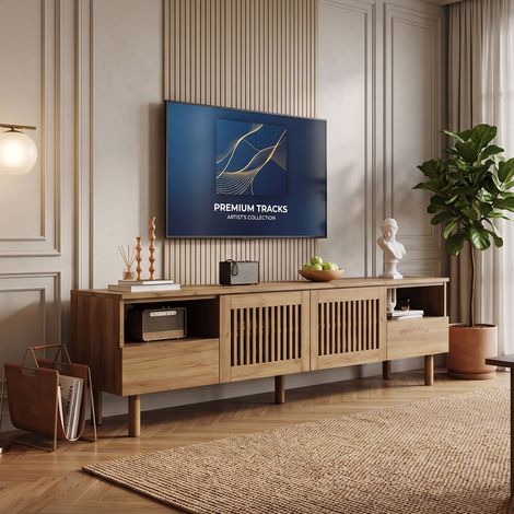 Creahappy Meuble TV 180x40x51 cm - Grand Rangement & Passe-Câble pour TV 55-75 Pouces - 2 Portes Grille 3D & Tiroirs Bois Chêne (1/5)