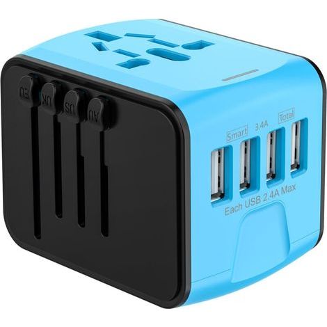 Travel Adapter, Universal Adapter with 4 USB Ports and AC Socket, Adapter from France to the USA, UK, Germany, Thailand, Italy, Australia, China and Japan, Blue YMYNY (1/4)