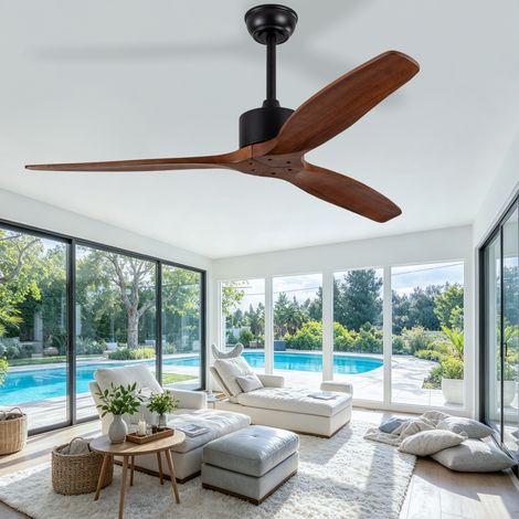 52 pouces Ventilateur de Plafond sans Éclairage avec Télécommande, 3 Pales en Bois Massif, 6 Vitesses avec Fonction Mémoire, Fonction Réversible, Adapté à une Utilisation en Intérieur (1/5)