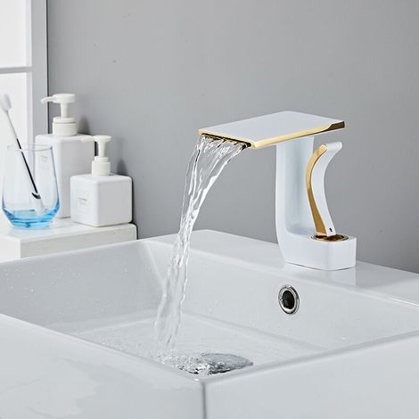 Waterfall bathroom faucet, single brass handle, hot and cold water sink faucet, white gold (1/4)