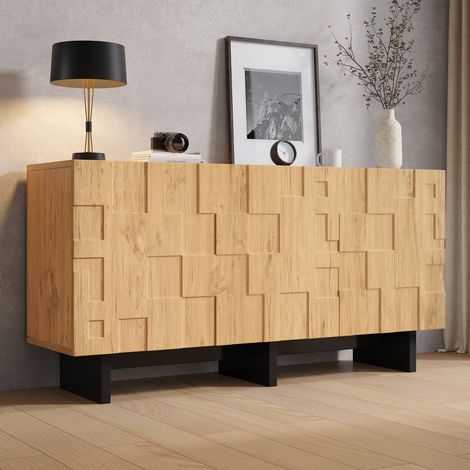 Armoire de rangement 140x40x70cm couleur bois avec 3 portes grillagées en gaufre, style campagne, café-bar, pour salon et cuisine (1/5)