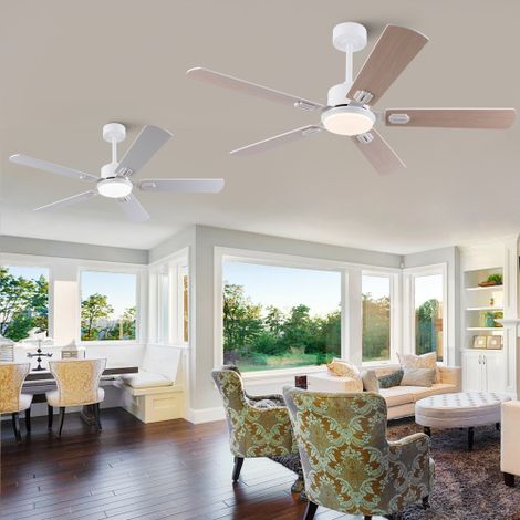 Ventilateur de plafond extra-plat 132 cm avec LED dimmable, télécommande, moteur réversible 6 vitesses, 5 pales double finition blanc et bois naturel (1/5)