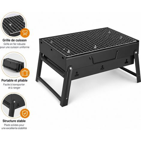 Tragbarer, faltbarer Grill aus schwarzem Eisen, 43 x 22 x 29 cm – Holzkohlegrill für Camping (1/5)