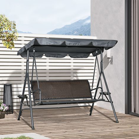 Columpio de jardín de 3 plazas con toldo inclinable ajustable, portavasos y bandejas, asiento y respaldo ergonómicos.