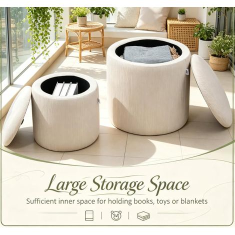 2 ensembles de tabourets en velours côtelé blanc laiteux avec housses en bois amovibles et espace de rangement (1/5)