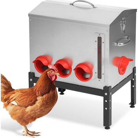 TolleTour Großer Geflügel Futterspender 22,6 kg / 50 lb, 8 Fressöffnungen, Metall-Hühnerfutterautomat mit Sichtfenster, Deckelverschluss, Tragegriff, 3 Höhen (1/5)