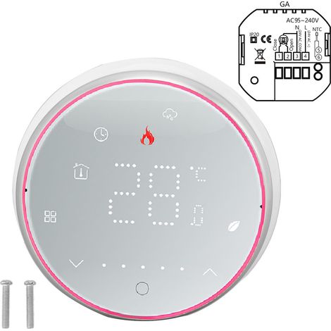 Smart Thermostat 1 Week Programmable LED Display Recessed Round Digital Thermostat AC95‑240V for Water Heating System White