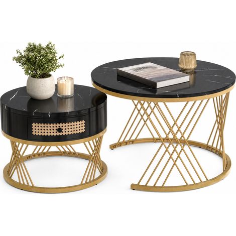 Table basse ronde 2 en 1 avec motif marbre, rangements à résine tressée et pieds métal doré, double plateau gain de place - CHICFURN (1/5)