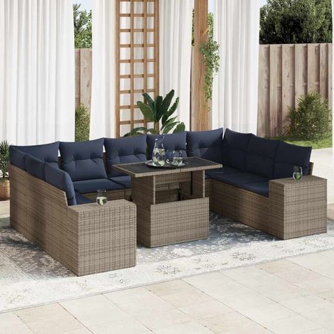 Set sofás jardín y cojines 10 pzas ratán sintético acacia gris vidaXL (1/5)
