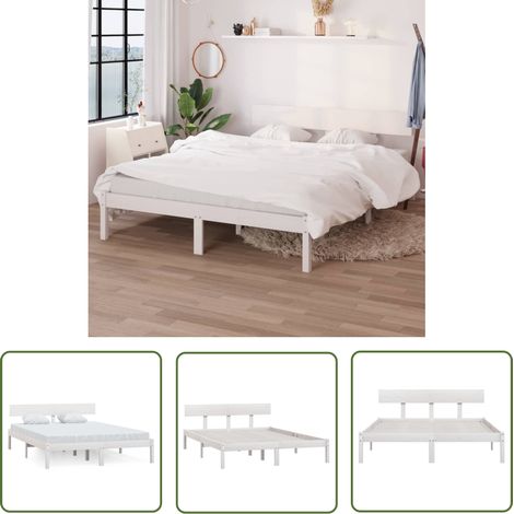 The Living Store Cadre de lit sans matelas blanc bois massif 120x200 cm - Cadre De Lit - Lit Double - Lit En Bois - Lit Blanc - Meuble Chambre (1/5)