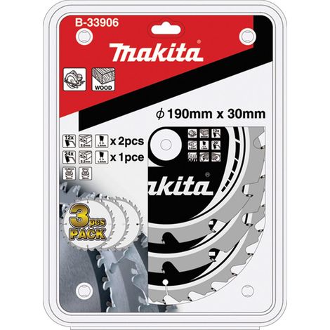 Makita – Lame de scie circulaire lot de 3 Ø190mm – 2 lames 12 dents + 1 lame 24 dents – Pour bois dur – Largeur de coupe 2,0/2,2mm – B33906