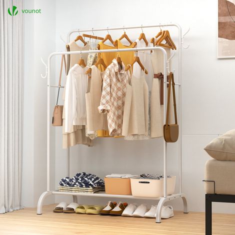 VOUNOT® Doppelt Kleiderständer, Metall Kleiderstange Garderobenständer mit Schuhregal und 4 seitlichen Haken 110x58x150cm Weiß