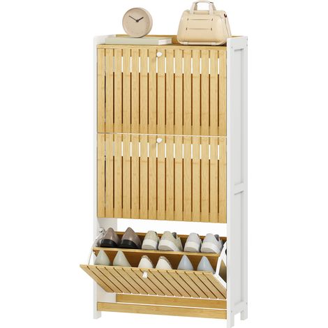 Schuhschrank für 18 Paar Schuhe, 3 Klappschubladen, Lamellentüren aus Bambus, 60 x 24 x 118 cm, weißes Naturholz