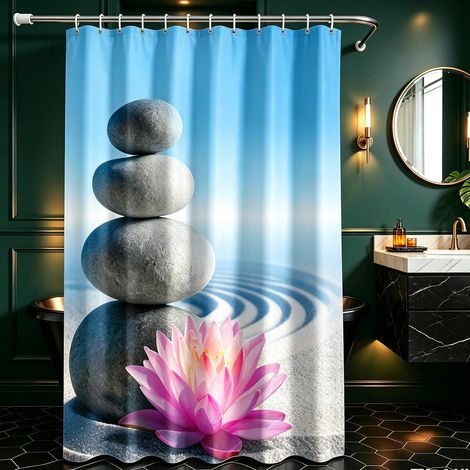 Rideau de douche, 240 x 200 cm, textile anti-moisissure, motif désert de gravier, ourlet lesté, imperméable, lavable, avec 16 œillets et anneaux de rideau de douche, pour salle de bain (1/5)