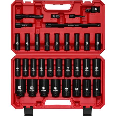 Lot de 33 douilles métriques 1/2", 10 mm à 36 mm, douille à rainure Axle à 6 points avec étui portable, construction robuste, acier CR-V (1/5)
