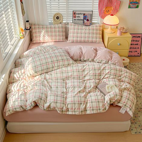 Ensemble de Literie 4 Pièces en Coton Lavé Ultra-Doux - Qualité A Maternité & Bébé - Housse de Couette, Drap-Housse et Drap Plat pour Lit 180x200cm (Couette 180x220cm) - Motif Carreaux Britannique - I