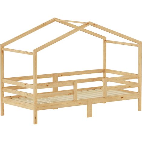 Cama cabaña infantil 90x200 cm de pino natural con somier de láminas (1/5)