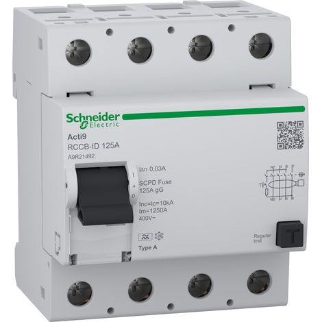 Disjoncteur SCHNEIDER 125A 30mA à 4 pôles avec protection de 30 mA.