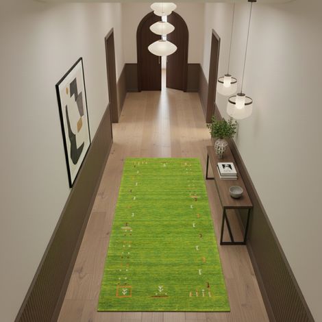 Tapis Gabbeh indien Tapis Fenth - Tapis en laine  - 300x80cm, Rectangular - 100% Laine vierge - Tissé main - Vert
