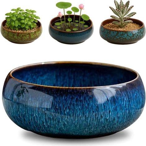 Bol Fleur de Lotus - Céramique - Bleu - Vase hydroponique pour plantes aquatiques et nénuphars - Bol décoratif pour bonsaï - Bol à eau étanche pour plantes aquatiques (1/5)