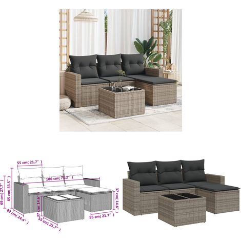 Salon de jardin 5 pcs avec coussins gris résine tressée - Ensemble Salon De Jardin - Meuble De Jardin - Canapé D'extérieur - Résine Tressée - Rotin Synthétique - Home & Living (1/3)