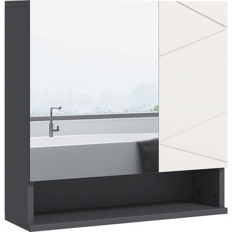 Armoire de Toilette Murale avec Miroir Meuble de Rangement Suspendu Salle de Bain Bois Étagères Réglables Gris 55x17x55cm (1/5)