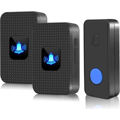 Sonnette sans fil, kit de carillon étanche IP55, portée de 304 m, 55 carillons, 5 volumes, bouton-poussoir à piles et 2 récepteurs enfichables avec flash LED, installation facile, noir (1/4)