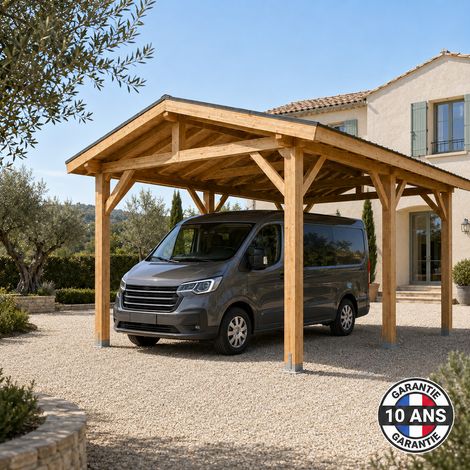Carport camping car 2 pentes en bois douglas 24 m², 6 poteaux avec pieds de poteaux réglables. Abri voiture extérieur. Garantie 10 ans. (1/5)