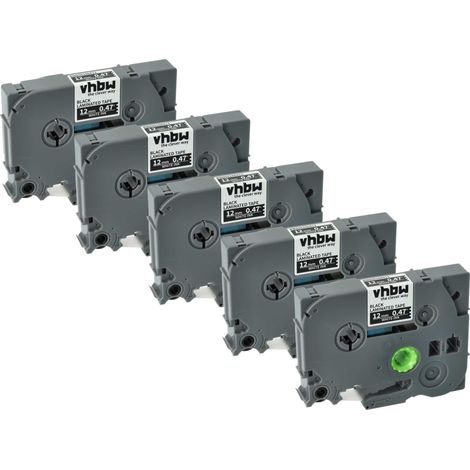 vhbw 5x Label Tape compatible with Brother PT 1650, 1700, 1800E, 1800ECC, 1600, 1800, 1750 Label Printer 8m x 12 mm, White on Black, plastic (1/5)