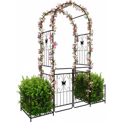 Relaxdays powder-coated iron rose arch, round arch with double gate & 2 planters, HWD: 220x202x50 cm, garden, black (1/5)