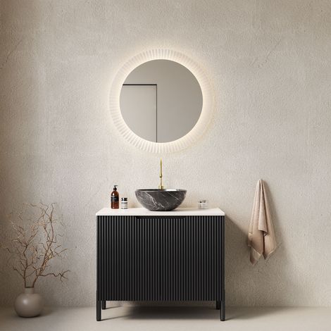 Waschbeckenunterschrank 76 cm stehend, französisch-romantisch, schwarz, 2 Türen Soft-Close mit Keramikbecken und Carrara-Platte