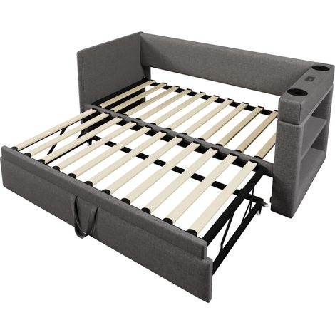 Cama sofá capitoné 90x190 cm en tejido algodón-lino, cama nido, USB-C, gris (1/5)