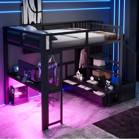Etagenbett 140/200 cm Schwarz aus Metall mit Schreibtisch, offenem Kleiderschrank, LED und USB (1/5)