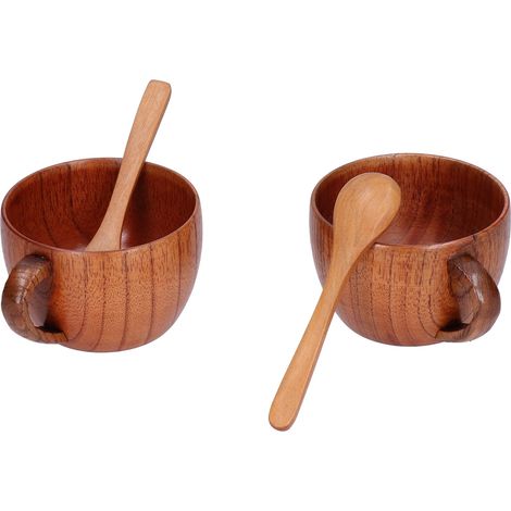 Lot de 2 chopes à bière en bois de jujubier artisanal vintage avec cuillères tasse café au lait marron foncé cadeau anniversaire bar maison (1/5)