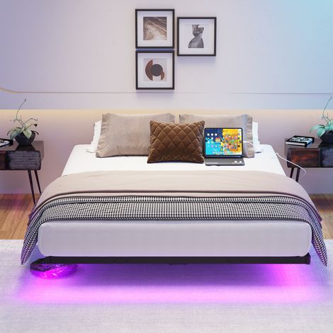 Cadre de lit flottant 120 x 200 cm avec éclairage LED et station de recharge, sommier à lattes en métal, robuste et stable, montage (1/5)