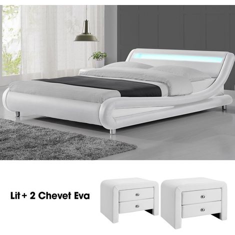 MEUBLER DESIGN Lit Design Julio140 Avec 2 Tables Chevet Eva En Blanc, Polyuréthane, Style Contemporain, 206.5 x 155 x 62 cm (1/5)
