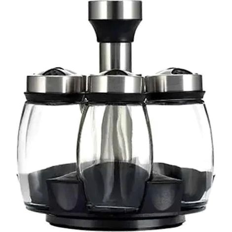 Set aus einzelnen Glasbehältern und Gewürztöpfen mit Halterung für Gewürzflaschen, Zucker-, Pfeffer- und Salzstreuer. (1/5)
