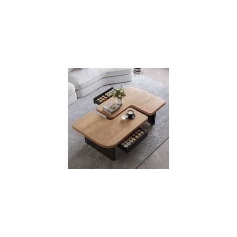 Table basse modulable 2-en-1 LED, 2 tiroirs, pieds réglables, design arrondi, bois écologique couleur naturelle