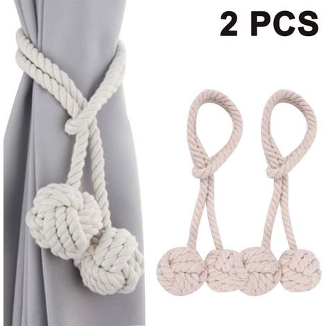 2 pinces à rideaux artisanales exquises avec pompons pendants, des embrasses/liens en corde de coton pour rideaux à pompons et des accessoires décoratifs en forme de boule pour le dos. (1/5)