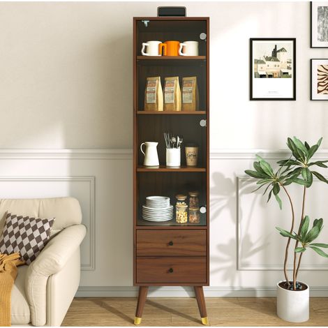 Vitrina alta de MDF con puerta de vidrio, 3 estantes ajustables y 2 cajones, nogal DESVIAE (1/5)