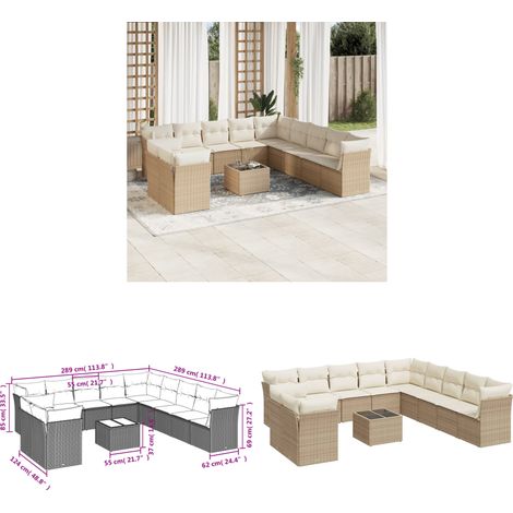 12-tlg. Garten-Sofagarnitur mit Kissen Beige Poly Rattan - Gartenmöbel Set - PE-Rattan Möbel - Outdoor Sofa - Lounge Set - Esstisch - Home & Living (1/3)