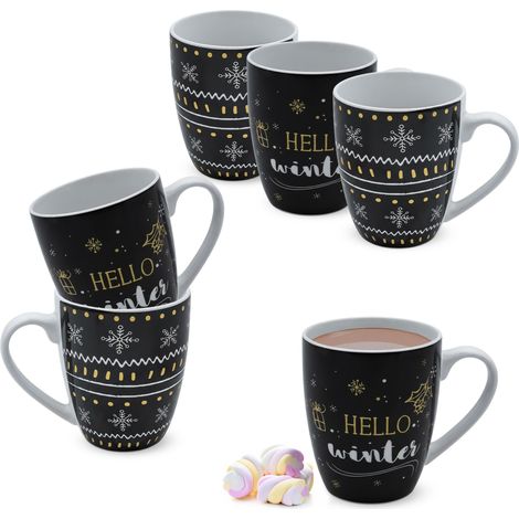 Feinkeramik Kaffeetasse 300 ml mit Wintermotiv - 6er Set - Porzellan Weihnachts Kaffeebecher mit Henkel