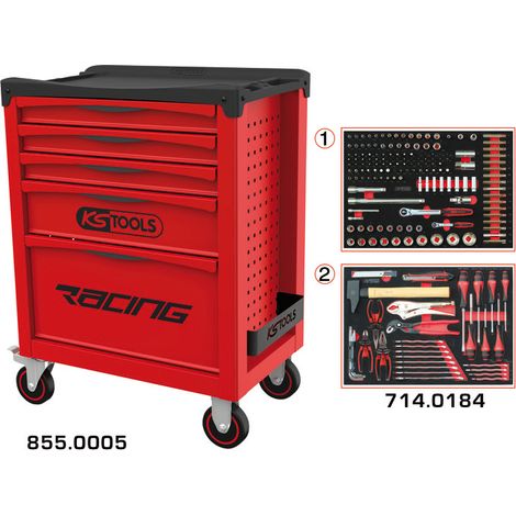 KS Tools - Servante 5 tiroirs équipée 184 outils RACING - servante d'atelier complète - desserte outils - 855.5184 (1/2)