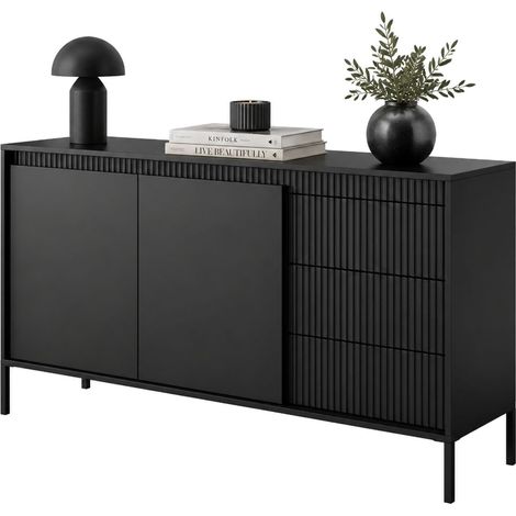 Credenza Hatomo, Sideboard 3 Schubladen, 2 Regale, Klapptür, Schiebetür, 154x40x81h cm Beige