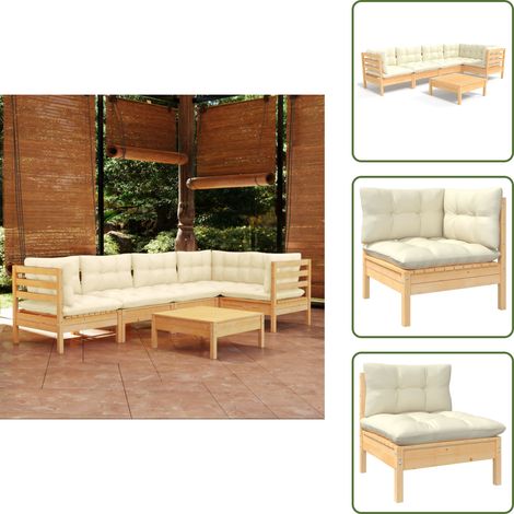 6-tlg. Garten-Lounge-Set mit Creme Kissen Kiefernholz - Gartensaison - Lounge Set - Gartenmöbel - Outdoor Möbel - Rattan Gartenmöbel (1/5)