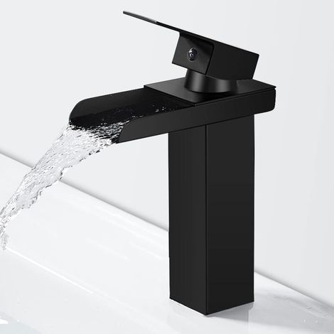 Moderne Noir Robinet de Salle de Bain en Laiton, Mitigeur Lavabo Cascade, Robinet Lavabo avec Bec Hauteur 140mm (1/4)