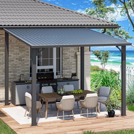 YODOLLA Pergola Adossée Aluminium 3 x 3m, Gazebo à Toit Rigide, Pergola Murale pour Terrasse Extérieur (1/5)