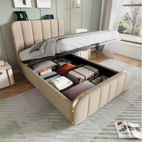 Lit coffre 90x200 cm en1 place en lin beige avec USB-C et tête de lit capitonnée (1/5)